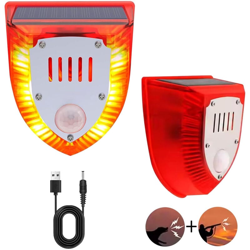 Zoternen - Lot de 2 détecteurs de mouvement solaires avec son - Détecteur de mouvement extérieur - 129 dB - Lumière stroboscopique - Pour maison,