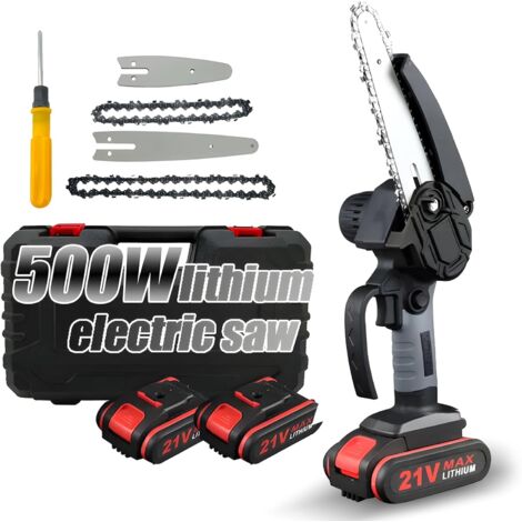 Zoternen Mini tronçonneuse 4 pouces 6 pouces, tronçonneuse portable avec verrouillage de sécurité, 2 chaînes, 21 V, batterie rechargeable, tronçonneuse électrique sans fil pour branches, coupe de bois
