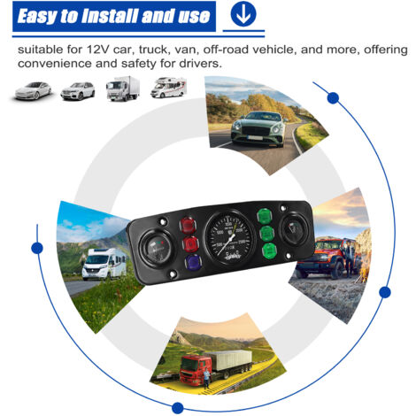 Zoternen Tachymètre multi-fonctionnel Tachymètre de carburant Température de l'eau Température Automotive Instrument modifié 12V avec 6 lumières indicatrices