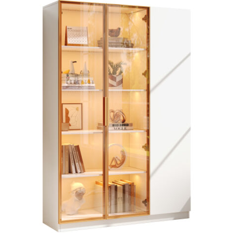 Zqoyn Glasvitrine, Höhe 165cm–dreitürige Vitrine mit LED-Beleuchtung, mehrfarbig einstellbar, verstellbaren Einlegeböden und Kippschutz, weiß-Vitrine