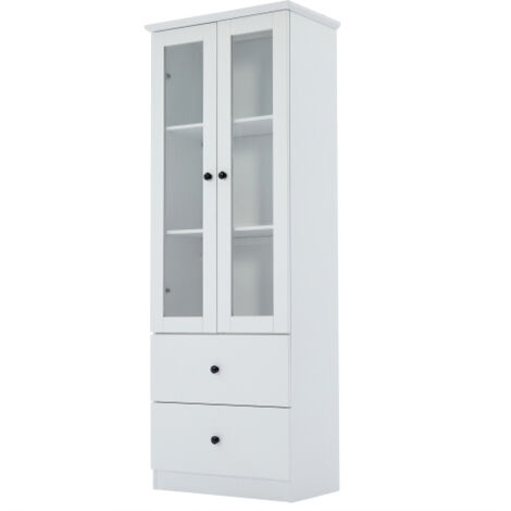 Zqoyn Moderne LED-Vitrine weiß matt 165 cm hoch mit USB-Anschluss, 16-Farben-Fernbedienung, Glasvitrine mit 2 Schubladen, Vertikalvitrine mit verstellbaren Fachböden, Vitrine
