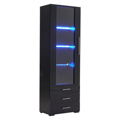 Zqoyn Vetrina nera lucida, vetrina in vetro, vetrina su piedistallo con illuminazione a LED, vetrina verticale a 3 cassetti, 60 × 35 × 180 cm