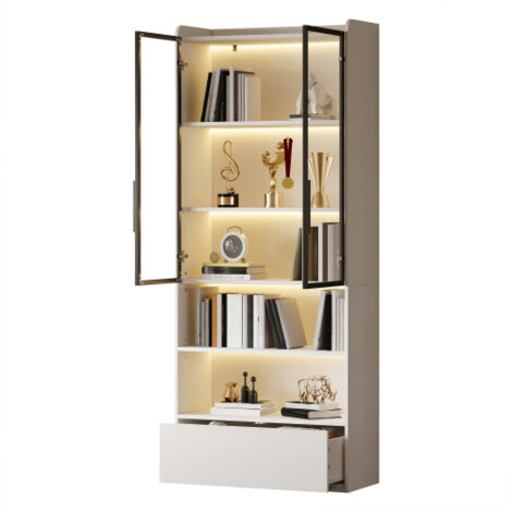 Zqoyn Vitrine de 80 × 34 × 180 cm, armoire haute avec 1 tiroir et portes vitrées, armoire haute vitrée avec éclairage LED et cloison ouverte, étagère sur pied, armoire vitrine