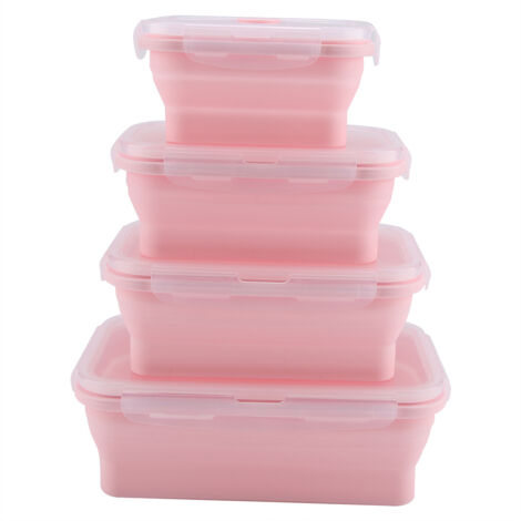 Zusammenfaltbare, pinkfarbene Silikon-Lunchbox, wiederverwendbar und mikrowellengeeignet, ideal für Essen zum Mitnehmen