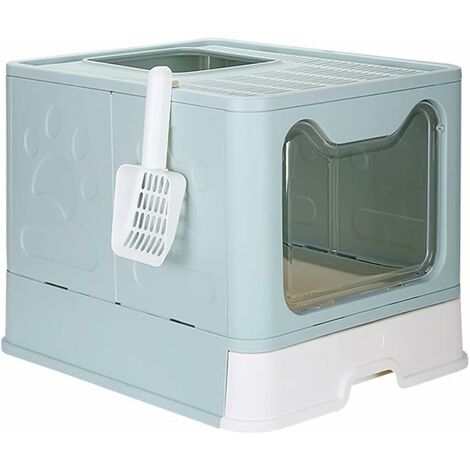 Zusammenklappbare Katzentoilette – Vordereingang (mit Türverkleidung) und Ausgang von oben – Extra großer Raum – Katzentoilettenhaus mit herausnehmbaren Tabletts + Streuschaufel (blau). Blau