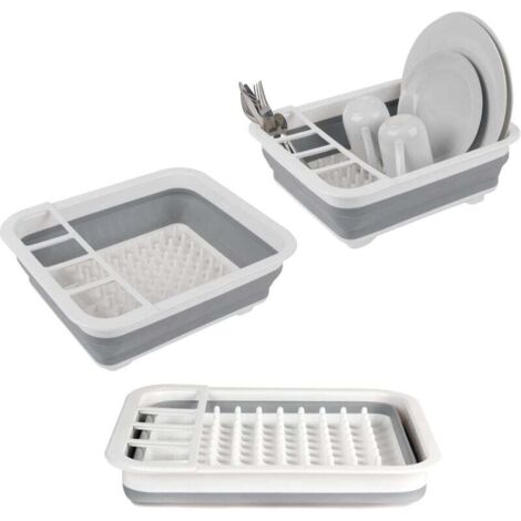 Zusammenklappbarer Geschirrtrockner mit Utensilienhalter – perfekt für Hausbesitzer oder Camping, reißfestes, platzsparendes Design, rutschfeste Füße, Grau