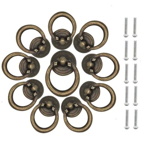 ZVD 10 Pcs Vintage Poignée Tiroir Bague Poignée Traction d'Armoire Alliage Zinc Boutons d'Anneau de Tiroir Rond Poignée Anneau Goutte Antique pour Placard Armoire Commode Meubles, Rétro Bronze