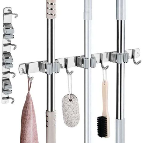 ZVD-2 Pièces Porte-Balai Mural en Inox, Support avec 3 Emplacements et 4 Crochets pour Cuisine et Garage