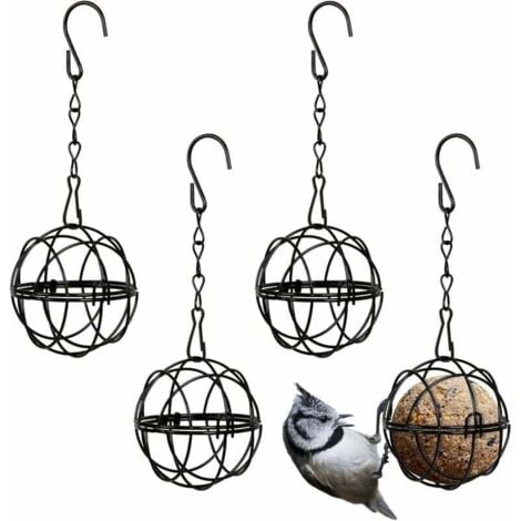ZVD 4pcs Mangeoires Oiseaux à Suspendre en Métal Porte Boule de Graisse à Oiseaux Intérieur Extérieur Noir 7cm de Diamètre Distributeur Nourriture avec 4 Crochets en Forme S