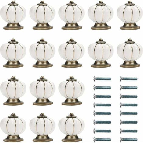 ZVD Bouton Ceramique Meuble Blanc et Or avec Vis en Forme de Citrouille (Lot de 16) - 3,6 x 3,8 cm - Bouton de Meuble Rond Vintage - Pour Maison, Bureau, Armoire de Cuisine, Tiroirs et Placard