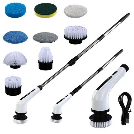 ZVD Brosse de Nettoyage électrique sans Fil, Brosse de Nettoyage sans Fil avec 9 ttes de Brosse remplaables, vadrouille lectrique avec poigne rglable pour Salle de Bain, Cuisine, Voiture (Blanc)