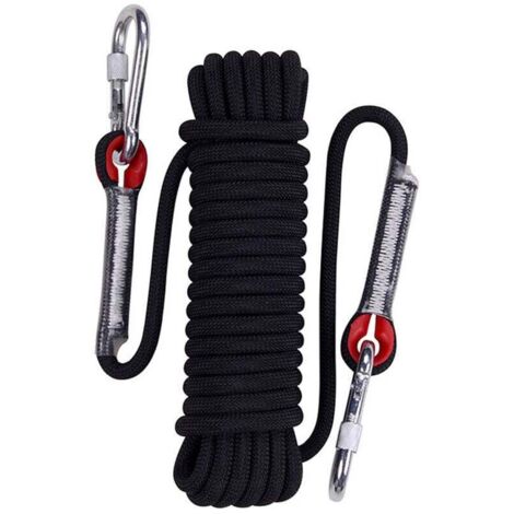 ZVD Corde d'Escalade Statique 30m Noir Corde de Parachute de Sauvetage Corde de Rappel avec Mousquetons 10mm de Diamètre
