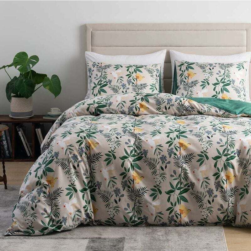 Housse de Couette 240260cm Motif Feuilles Beige Vert Parure de Lit Botanique Fleurie en Microfibre avec Fermeture Éclair - Linge de Lit Réversible