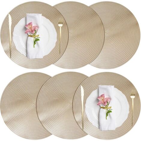 ZVD Juego de 6 manteles individuales para mesa de comedor, de PVC resistente al calor, antideslizantes, lavables, redondos, resistentes a las manchas, 38 x 38 cm, dorados