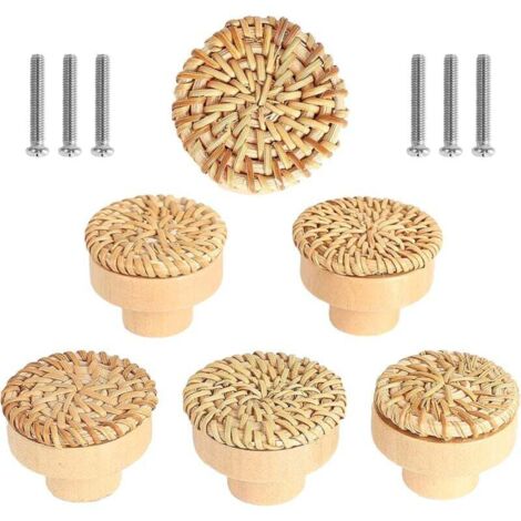 ZVD Juego de 6 pomos de ratán para muebles y cajones, estilo bohemio, redondos de madera para cajones, aparadores, armarios de cocina.