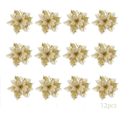 ZVD Lot de 12 fleurs de Noël artificielles, fleurs de Noël Poinsettia, fleurs de Noël, décorations d'arbre de Noël, fleurs de Noël artificielles (or)