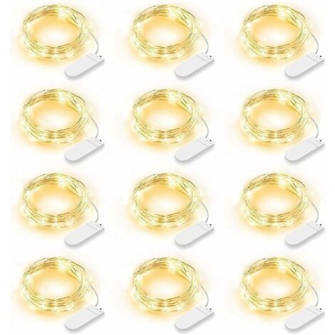 ZVD-Lot de 12 Guirlande Lumineuse LED, Guirlande Lumineuse à Piles 2m 20 LEDs Fée Chaîne Lumières Guirlande IP65 Étanche LED Déco pour Chambre Noël Mariage Fête Jardin, Blanc Chaud (Blanc Chaud)