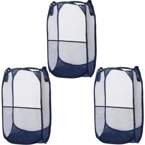 ZVD Lot de 3 Panier à Linge Pliable en Maille Bleue - Bac à Linge Sale Pliable, Résistant et Facile à Ouvrir avec des Poignées pour Vêtements, Lessive et Jouets d’Enfants