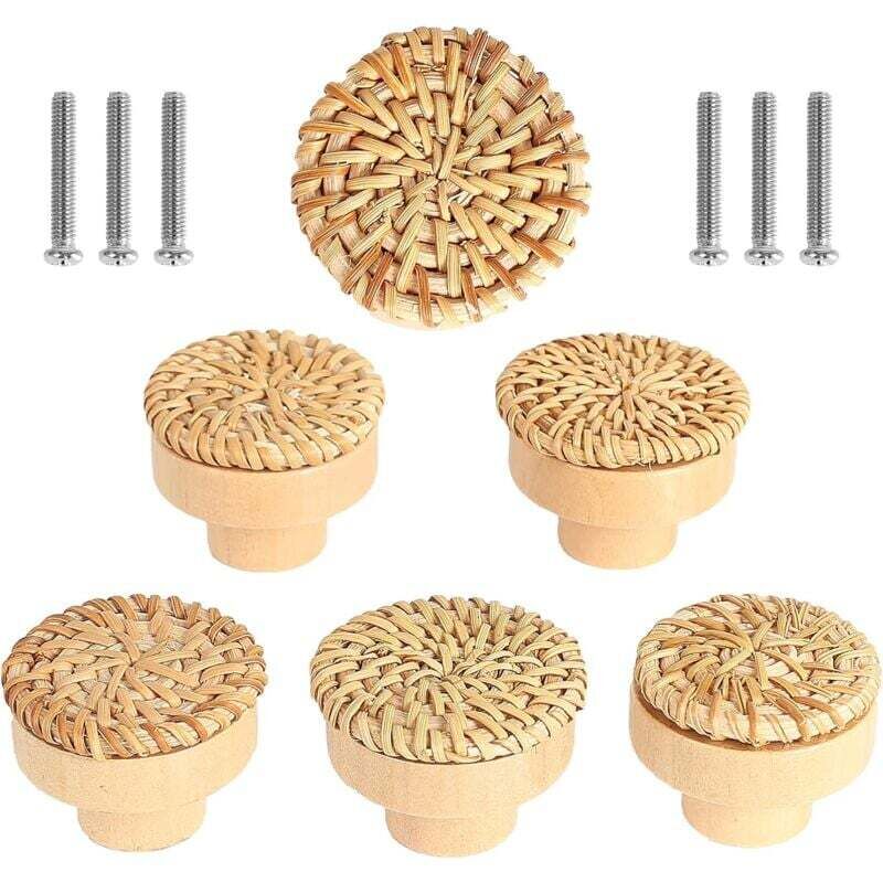 Lot de 6 boutons de meuble en rotin Boutons de Tiroir, de Porte Style bohème Poignée Tiroir en Bois Ronds Pour Commode Armoire Placards de Cuisine