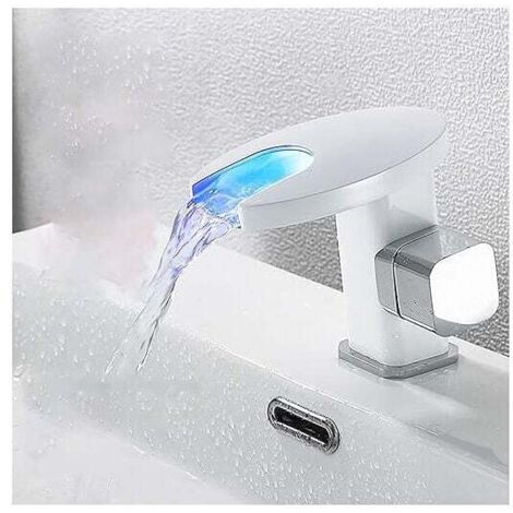 ZVD Mitigeur Lavabo LED Robinet Salle de Bain Robinet Lavabo en Laiton Robinetterie Vasque Monté sur Le Pont Robinet Vasque avec Eau Chaude et Froide,Blanc