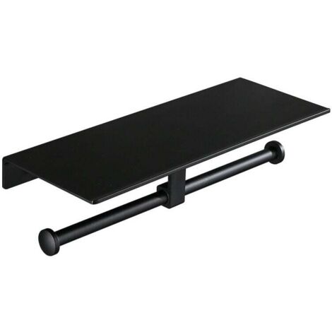 ZVD Porte Rouleau de Papier Toilette Hygiénique Sans Perage avec Etagère de Téléphone Portable Support Mural Double pour Salle de Bains (Noir)