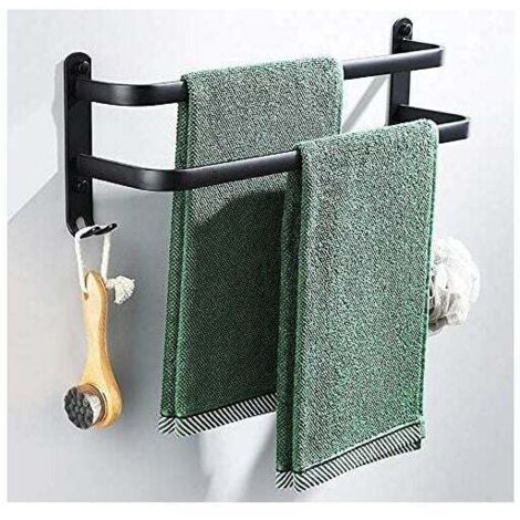 ZVD Porte Serviettes Salle de Bains, Noir Barres Porte Serviettes Mural Adhesif pour Douche et Cuisine, Étanche Barres Porte avec Crochet (Deux tiges 70cm)
