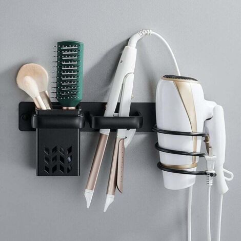 ZVD Soporte para secador de pelo, soporte para plancha de pelo con gestión de cables, organizador de secador de pelo de pared con estante de almacenamiento para baño, dormitorio, hotel (negro).