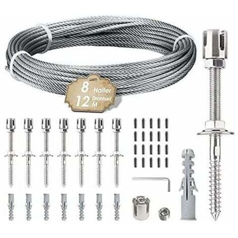 ZVD- Support pour plantes grimpantes, kit de suspension de corde en acier inoxydable de 12 m avec câble en acier inoxydable de 3 mm et 8 tendeurs pour jardin/mur en béton/câble de clô