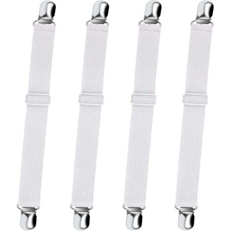 ZVD-Tendeur Drap Housse Réglable (65cm à 200cm), Fixation Attache Sangle de Maintien Ajustable pour Drap Lit, Canapé, Housse de Repassage (Blanc, Lot de 4)