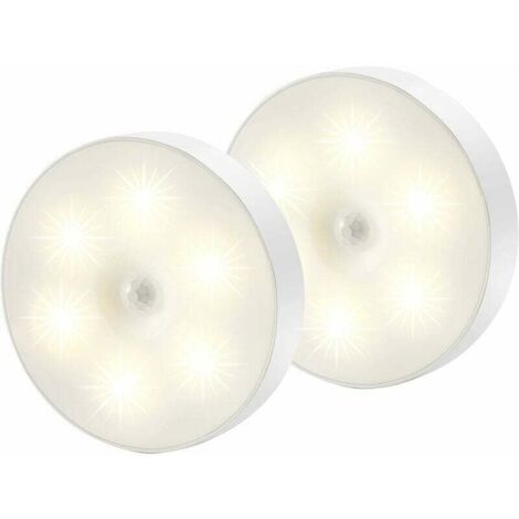 ZVD-Veilleuse Led, Magnétique lampe detecteur de mouvement interieur avec tampons adhésifs gratuits, Coller n'importe où, Capteur sans fil USB rechargeable Blanc chaud Paquet de 2