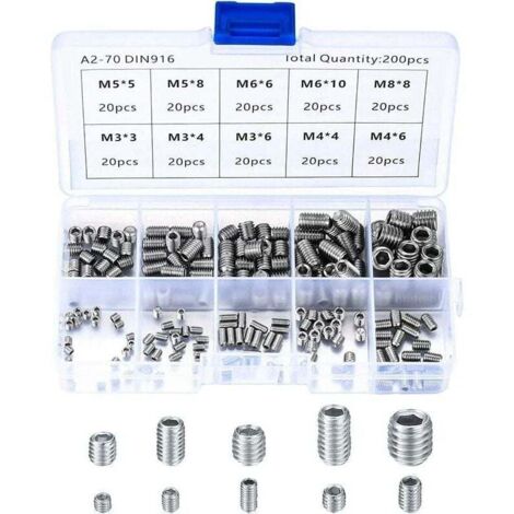 ZVD-Vis Sans Tête en Acier Inox, M3 M4 M5 M6 M8 Vis à Métaux, Assortiment Kit de Fixations Vis Pointeau（200Pcs)-