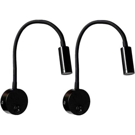 Zwei schwarze 3-Watt-Wandleuchten, eine flexible und verstellbare Aluminium-Nachttischlampe und eine LED-Augenschutzlampe mit Schalter.