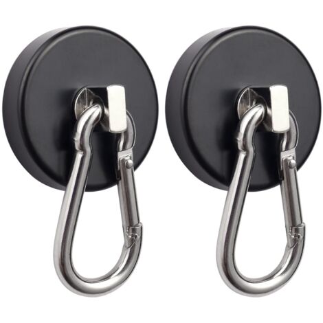 Zwei schwarze Magnethaken mit drehbaren Karabinern, maximale Zugfestigkeit 75 kg, zur Aufhängung.
