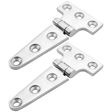 Zwei T-förmige Scharniere aus robustem, seewasserbeständigem Edelstahl 316, geeignet für Kabinentüren und Luken.