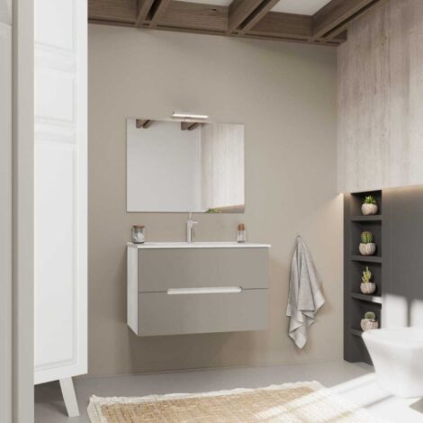 Zweifarbiges Möbel-Set Für Das Bad, Frontfarbe In Matt Grau, Korpusfarbe Holzoptik Weiss Magnolia