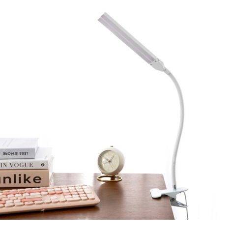 Zweiflammige LED-Schreibtischlampe mit Klemmbefestigung, dimmbar, sanftes Licht, für Schüler und Büro, mit USB-Anschluss – Weiß