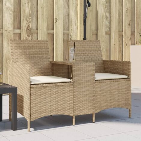 Zweisitzer Gartenbank mit Tisch und Kissen aus Geflecht