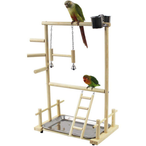 Zweistöckiger Vogelsitz aus Holz mit Leiter, Schaukel und Glöckchen – Sportliches Vogelspielzeug
