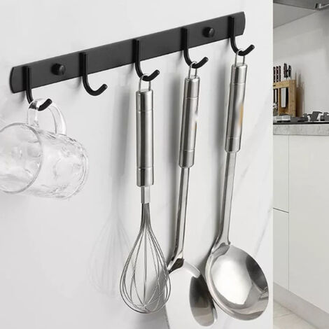 Zweiteilige Wandgarderobe mit 5 Haken aus hochfestem Aluminium, bohrfreie Montage, ideal für Taschen, Jacken und Schlüssel, schwarz