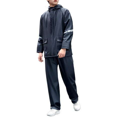 Zweiteiliger, wasserdichter Herrenanzug mit Reflektorstreifen – Jacke und Hose separat, PVC, Schwarz, Größe L