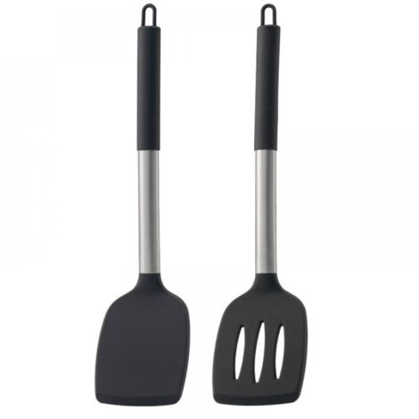 Zweiteiliges Küchenhelfer-Set aus Silikon – EINNENFFER – Wok- und Bratpfannenwender mit Edelstahlgriffen, sicher und leicht zu reinigen