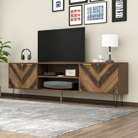 Zweitüriger TV-Schrank, Türen aus Massivholzfurnier, TV-Schrank mit zwei Fächern, niedriges Paneel, TV-Ständer. Goldene Griffe und Eisenbeine MINKUROW
