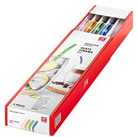 Zwilling Sorrento - Cannucce in vetro borosilicato riutilizzabili e sostenibili per bevande fredde e calde, 4 pezzi, lunghezza 23 cm, forma curva, colore: Multicolore, incl. spazzola per la pulizia