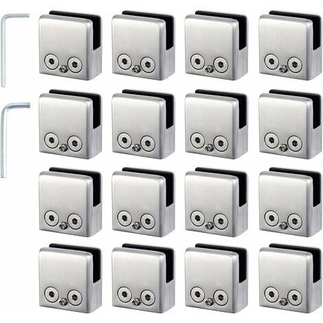 ZXPASRA 16pcs Pinces à Verre 8-10mm Support Verre dans Pinces en Acier Inoxydable Arrêtez Verre de Forme Carrée 8-10mm avec 2 Clés Hexagonales pour Balustrade d'Escalier
