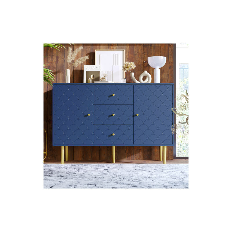 Aiducho Commode avec 2 portes et 3 tiroirs, certifié fsc®, étagère réglable, pour chambre salon, bleu marine-H82/L120/P40 cm