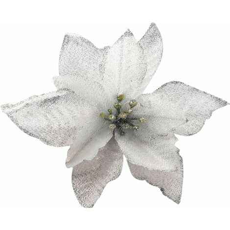 ZXPASRA Fleur Artificielle Noel Poinsettia (Lot de 10) - Fleur de Noel, Argent pour Guirlandes et Couronnes - Fausse Fleur Sapin de Noël - Décoration et Artisanat