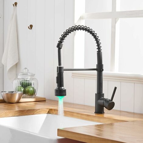 ZXPASRA Robinet de Cuisine LED noir avec Ressort Spiralé, robinet de cuisine Pivotant à 360°, Douchette Extensible haute pression