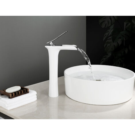 ZXPASRA Robinets de Lavabo Haut Mitigeur de Lavabo Cascade Chrome Poli/Blanc Robinet de Salle de Bain pour Salle de Bain et Salle de Bain Lavabo Robinet Levier Unique Froid et Chaud