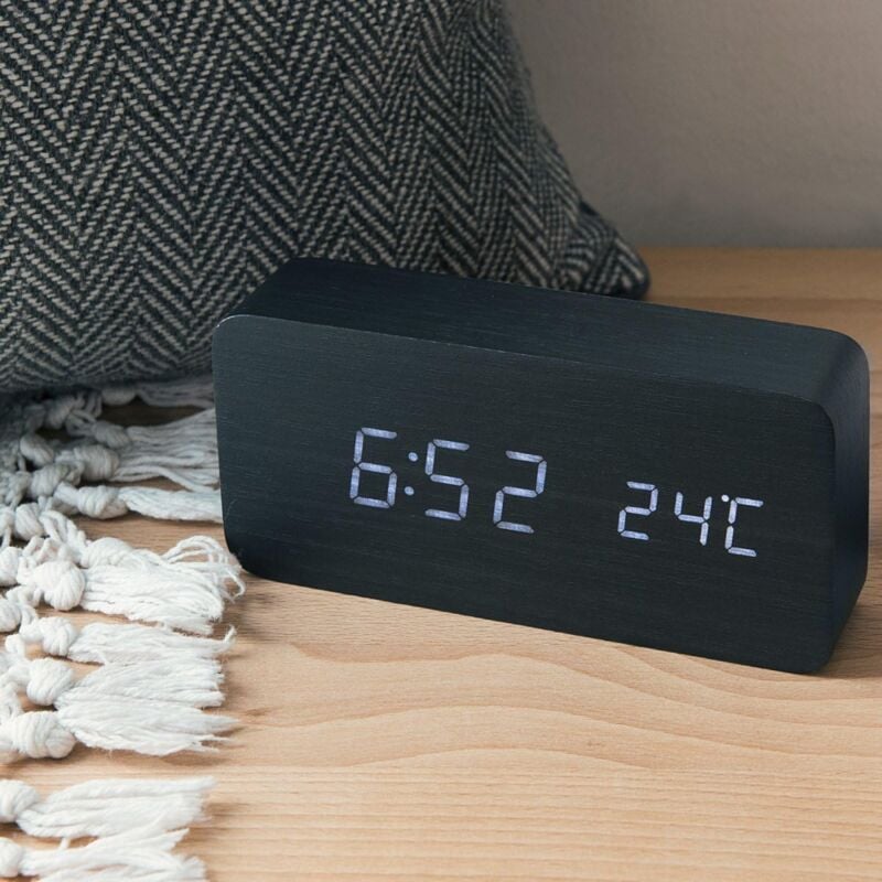 Groofoo - Réveil Bois led - Horloge Digitale Aspect Bois - Réveil Matin Tactile avec Fonction Date Heure Température - Rectangle Noir et led Blanc